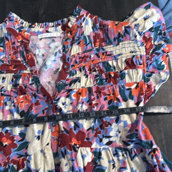 Karlie Floral Tiered Pin Tuck Ruffle Sleeve Linen Mini Dress Size Large - Picture 6 of 7